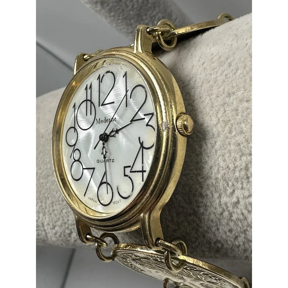Moderne Faux French Gold Coin Ladies MOP Watch New Battery 37MM 7.5
